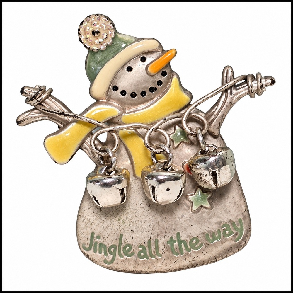 OTC Jingle All The Way Snowman Brooch Silver Tone Enamel Dangling Bells Pin